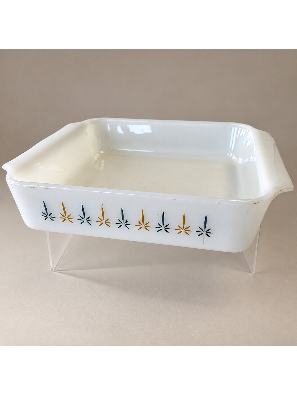 Vintage Fire King Candle Glow 8 Inch Square Baking Dish Atomic MCM Milk Glass